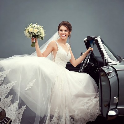 Bride holding bouquet entering vintage car