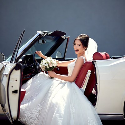 Bride driving white convertible car