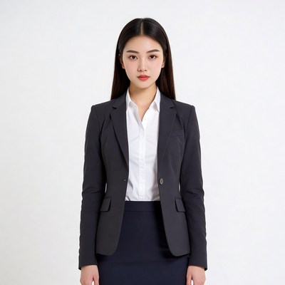 Asian woman in navy blazer suit