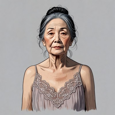 Elderly Asian woman in lace camisole