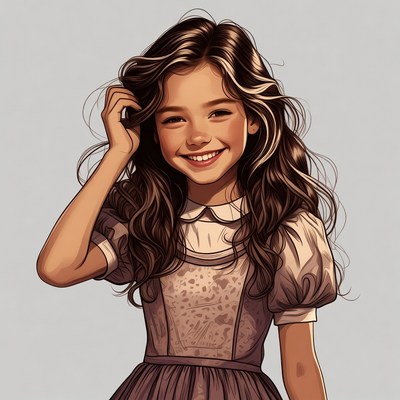 Smiling girl touching hair illustration