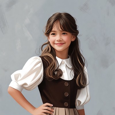 Girl in white blouse brown vest skirt
