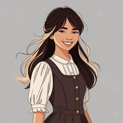 Asian girl in brown pinafore dress
