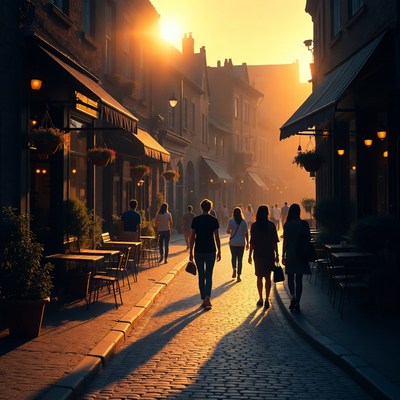 Sunset Street with People Walking