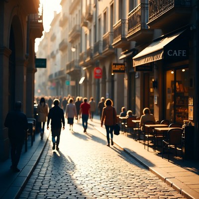 Crowded European Street Cafe Sunset