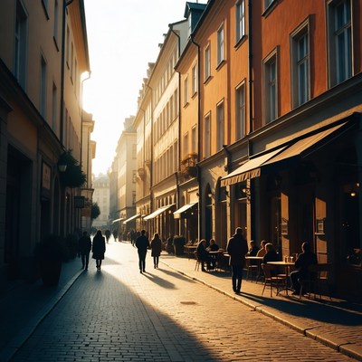 Sunlit European Cobblestone Street with People