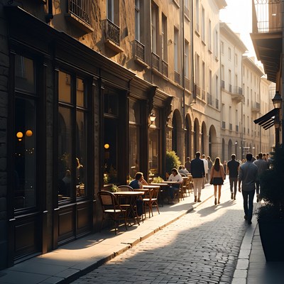 People dining at cafe on sunny cobblestone street