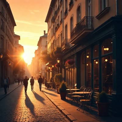 Sunset Street Scene with People