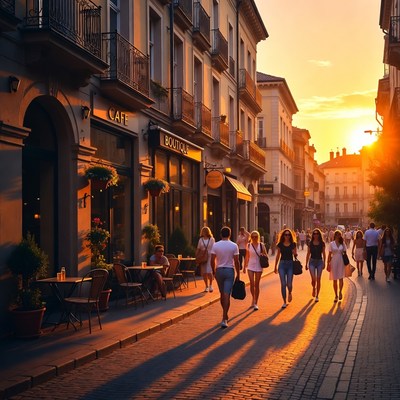 Crowd walking European street at sunset