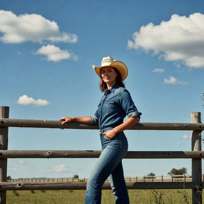 Woman in cowboy hat leaning on fence