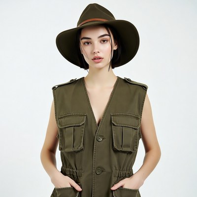 Woman in green fedora and vest
