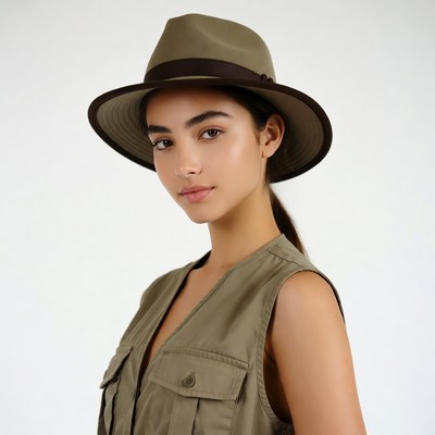 Woman wearing green fedora hat