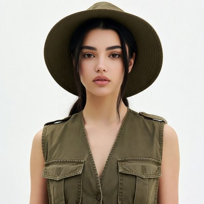 Woman wearing green hat and vest