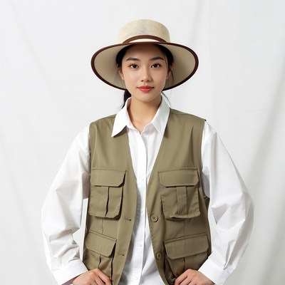 Asian woman in safari hat vest
