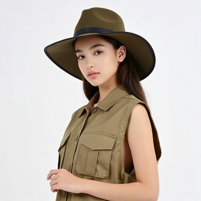 Asian girl wearing green fedora hat