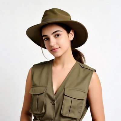 Woman wearing green fedora hat