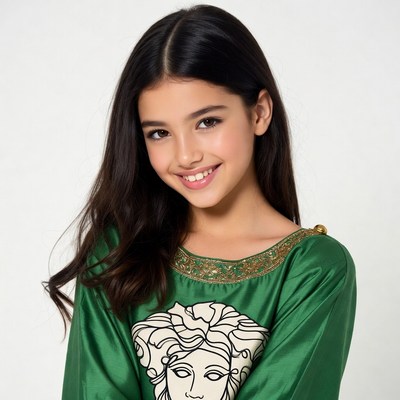 Smiling girl in green Versace dress