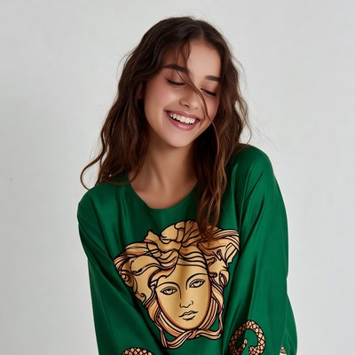 Smiling woman in Versace Medusa shirt