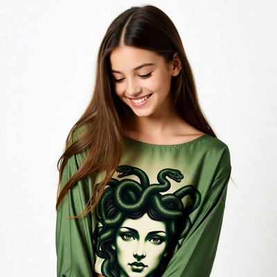Girl smiling in Medusa snake top
