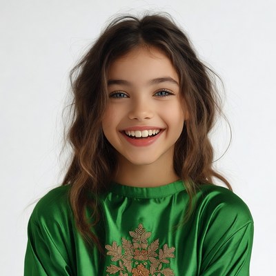 Smiling girl in green embroidered dress