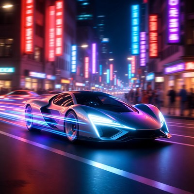 Futuristic Supercar Speeding Neon City Street