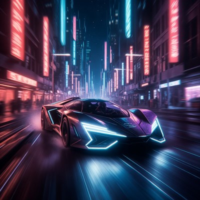 Futuristic Sports Car Speeding Neon City Street