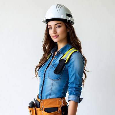 Woman in hard hat and tool belt