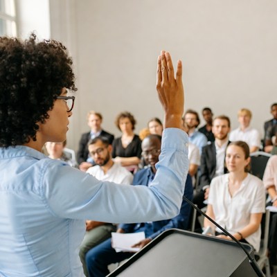 African-American woman speaking at podium