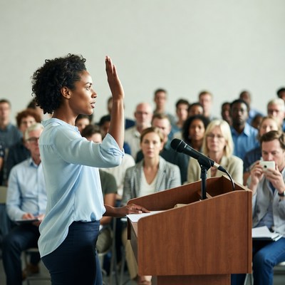 African-American woman speaking at podium