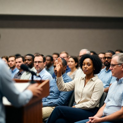 African-American woman raising hand in meeting