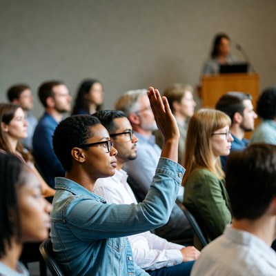 African-American woman raising hand in classroom