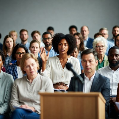 African-American woman raising hand at conference
