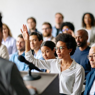 African-American woman raising hand in meeting