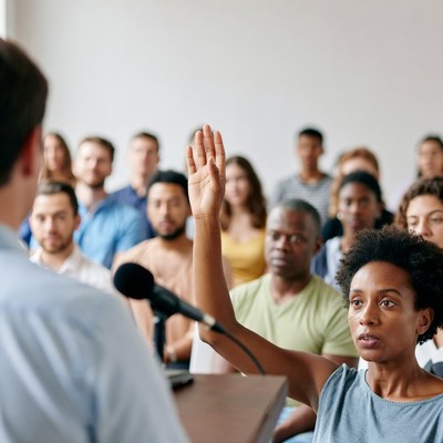 African-American woman raising hand in classroom