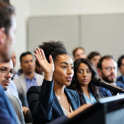 African-American woman raising hand at podium
