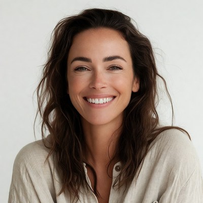 Smiling woman with wavy brown hair