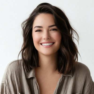 Smiling woman with wavy brown hair