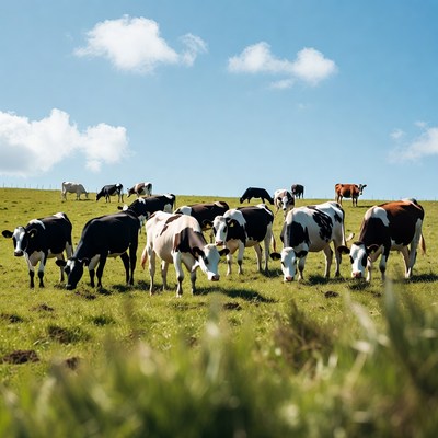 Herd of cows grazing green field