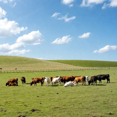 Herd of cows grazing green pasture