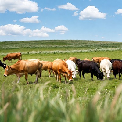 Herd of cows grazing in green field
