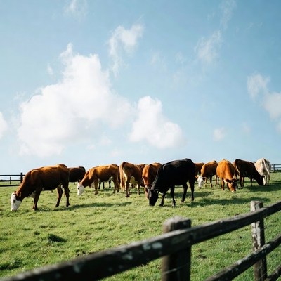 Cows grazing in green pasture