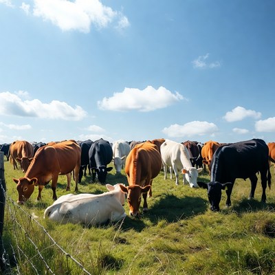 Herd of cows grazing in green pasture