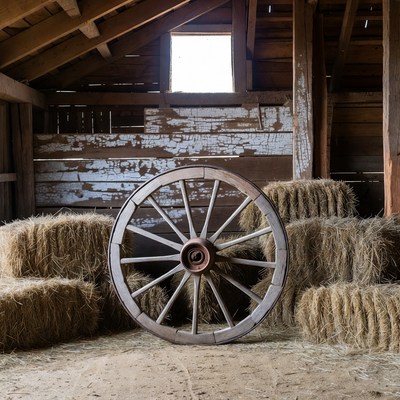Old Wagon Wheel with Hay Bales
