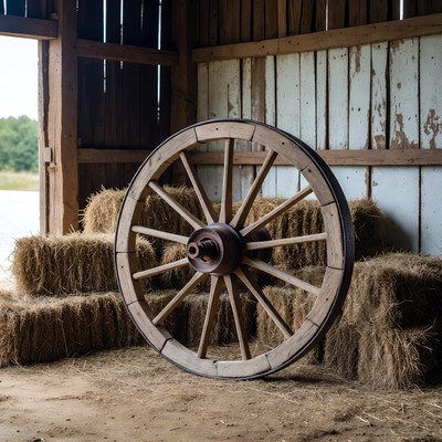 Wooden Wagon Wheel with Hay Bales