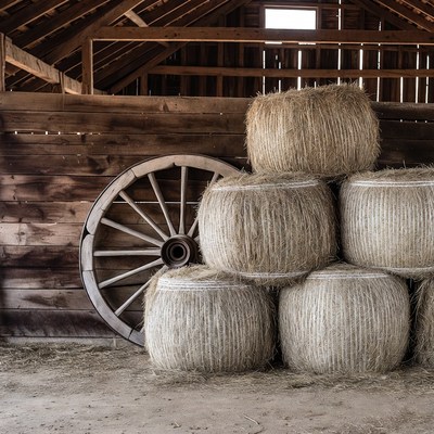 Hay Bales and Wagon Wheel in Barn