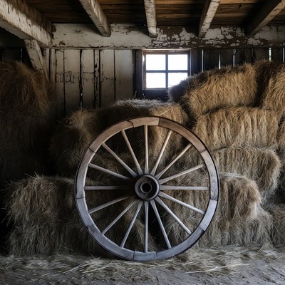 Wooden Wagon Wheel Against Hay Bales