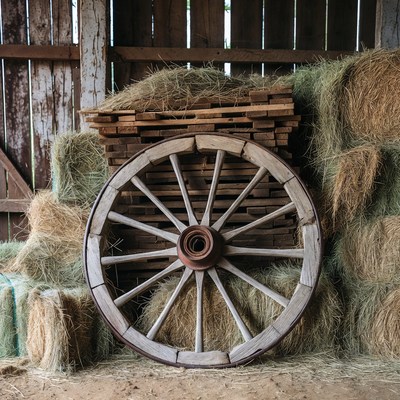 Old wagon wheel hay bales barn