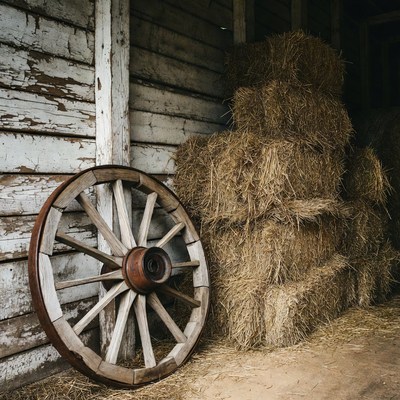 Old wagon wheel by hay bales
