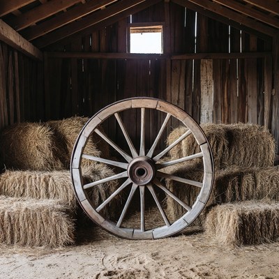 Old Wagon Wheel with Hay Bales in Barn