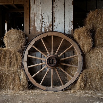 Wooden Wagon Wheel with Hay Bales
